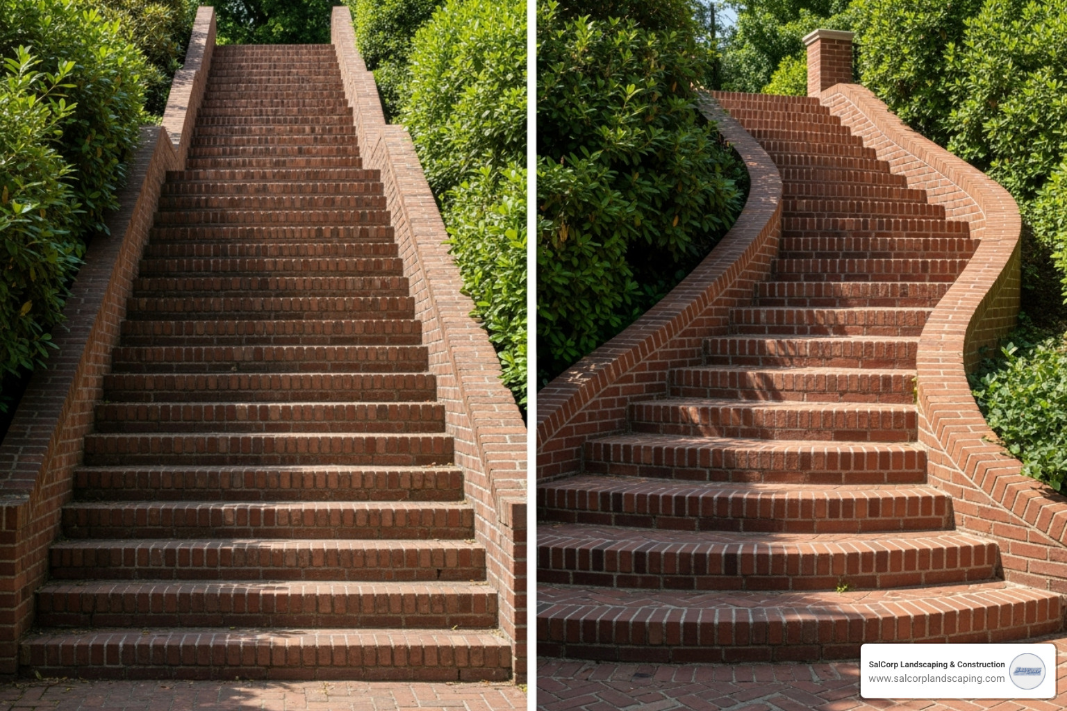 A simple, straight set of brick stairs compared to a complex, curved set with landings - brick stairs cost