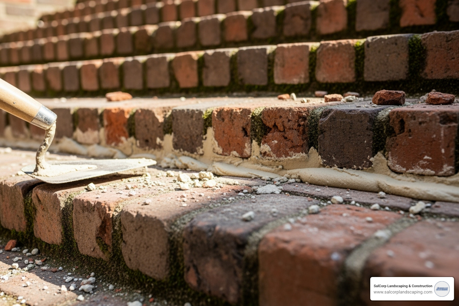 A close-up of repointing work on older brick steps - brick stairs cost