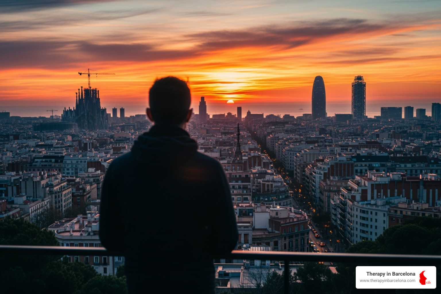 Person looking at Barcelona skyline, reflective - Dating in Barcelona