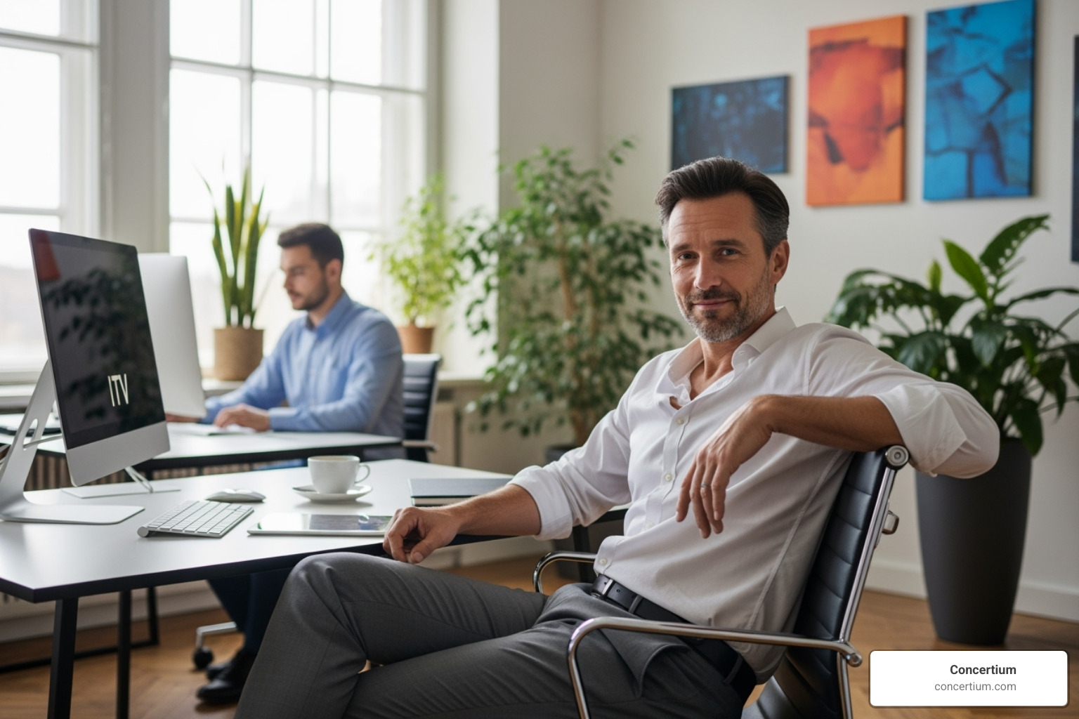 business owner looking relaxed while an IT professional works in the background - managed IT services provider