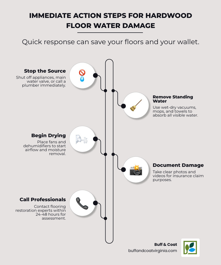 Infographic showing immediate water damage response steps: 1. Stop water source immediately by shutting off valves or appliances, 2. Remove all standing water using wet-dry vacuum and towels, 3. Begin air circulation with fans and dehumidifiers pointed at affected areas - hardwood floor water damage infographic infographic-line-5-steps-neat_beige Infographic showing immediate water damage response steps: 1. Stop water source immediately by shutting off valves or appliances, 2. Remove all standing water using wet-dry vacuum and towels, 3. Begin air circulation with fans and dehumidifiers pointed at affected areas - hardwood floor water damage infographic infographic-line-5-steps-neat_beige