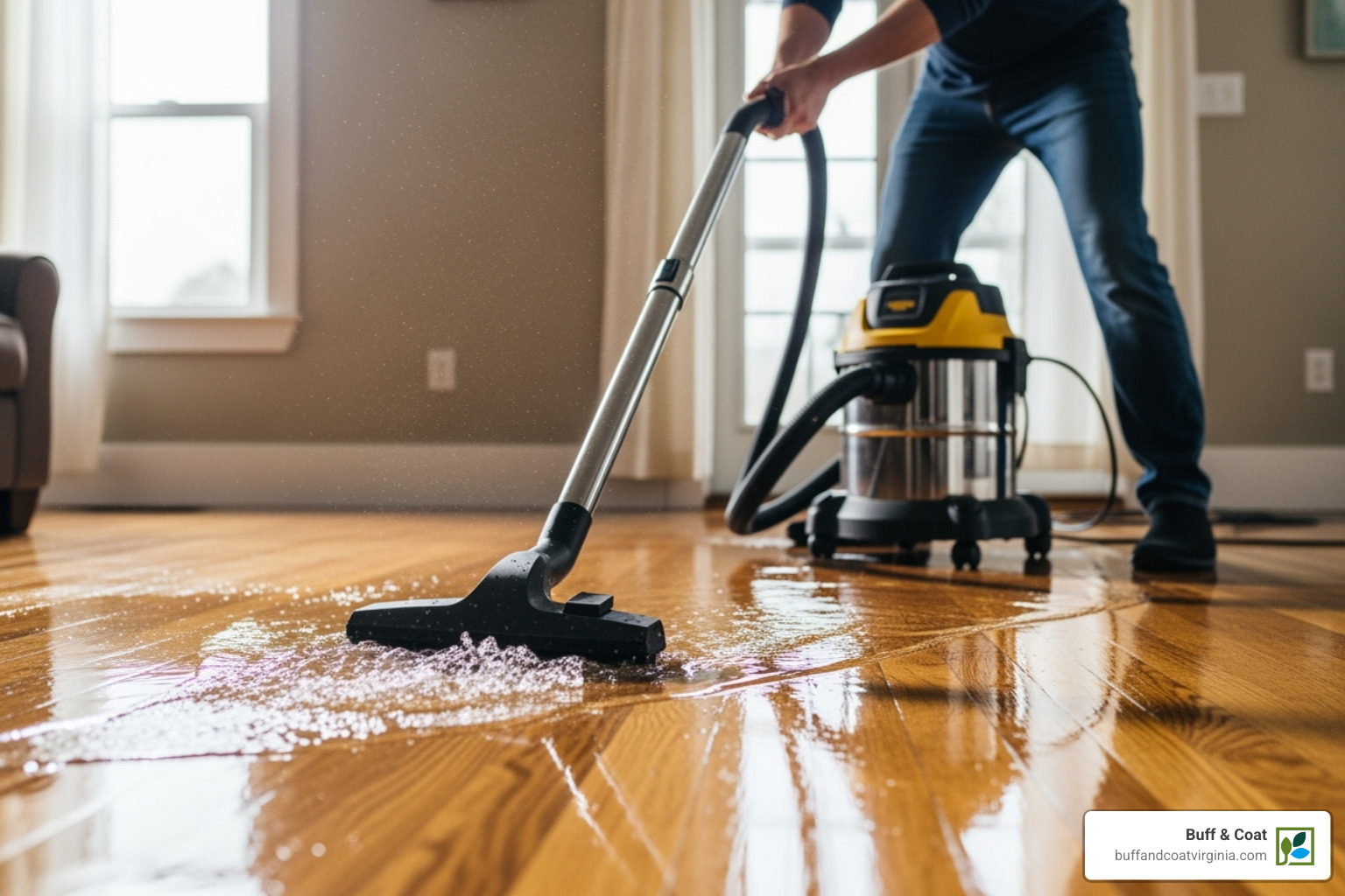 person using wet-vac - hardwood floor water damage person using wet-vac - hardwood floor water damage