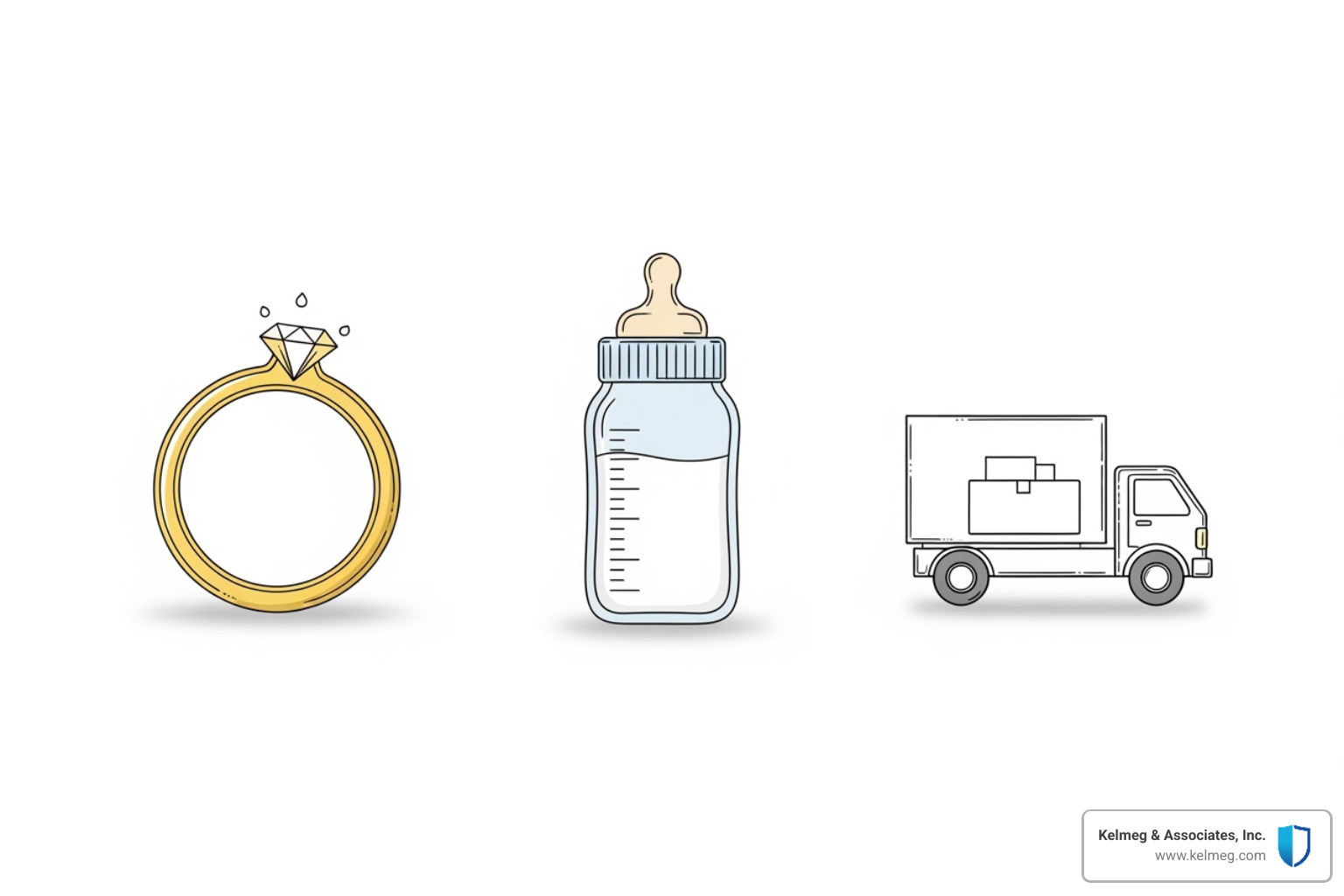 Icons representing major life events like marriage, a new baby, and moving - Colorado open enrollment health insurance Icons representing major life events like marriage, a new baby, and moving - Colorado open enrollment health insurance