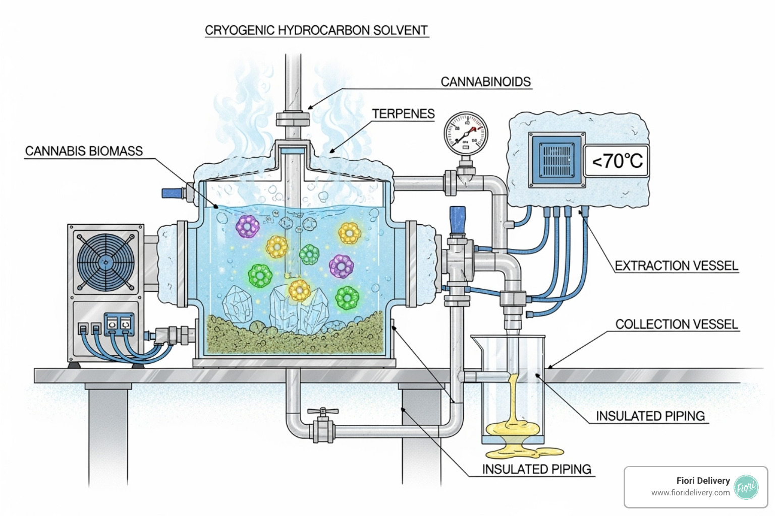 Diagram illustrating the super-cold hydrocarbon extraction process used by Coldfire Extracts, showing how terpenes and cannabinoids are preserved at low temperatures - coldfire extracts review