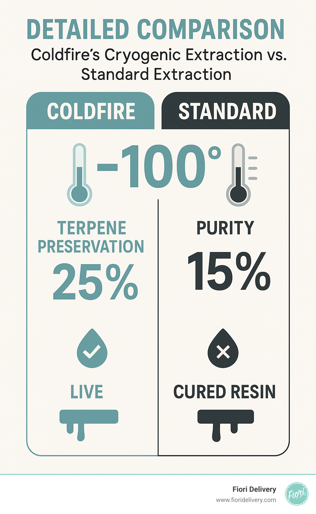 Detailed comparison infographic showing Coldfire's cryogenic extraction process at -100 degrees versus standard extraction methods, highlighting terpene preservation percentages, purity levels, and the difference between cured resin and live resin processing - coldfire extracts review infographic 