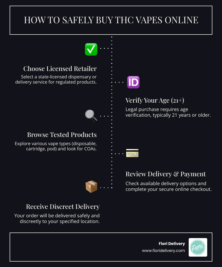 Infographic showing the step-by-step process of buying THC vapes online: 1) Choose a licensed dispensary, 2) Verify your age (21+), 3) Browse tested products with COAs, 4) Select your preferred vape type (disposable, cartridge, or pod), 5) Check delivery options, 6) Complete secure checkout, 7) Receive discreet delivery - buy THC vapes online infographic infographic-line-5-steps-dark