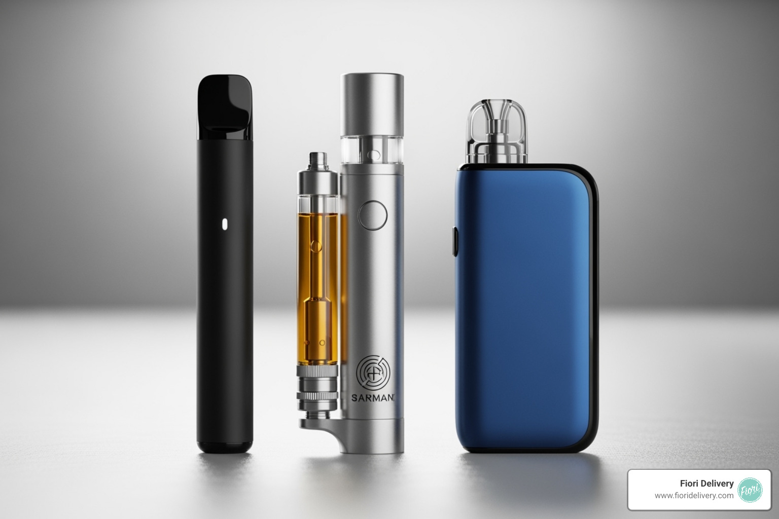 Image showing the three main types of vapes side-by-side: a disposable pen, a 510-thread cartridge with its battery, and a pod-style system - buy THC vapes online