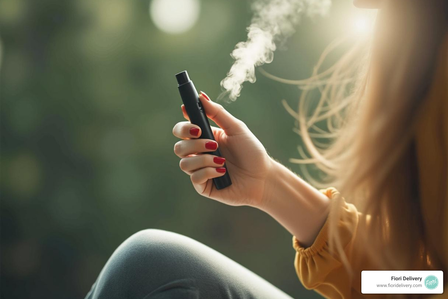 Image of a person holding a vape pen outdoors in a natural, relaxed setting - buy THC vapes online