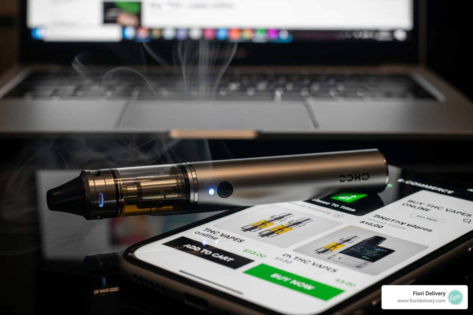 Image of a person on a laptop browsing an online cannabis menu - buy THC vapes online