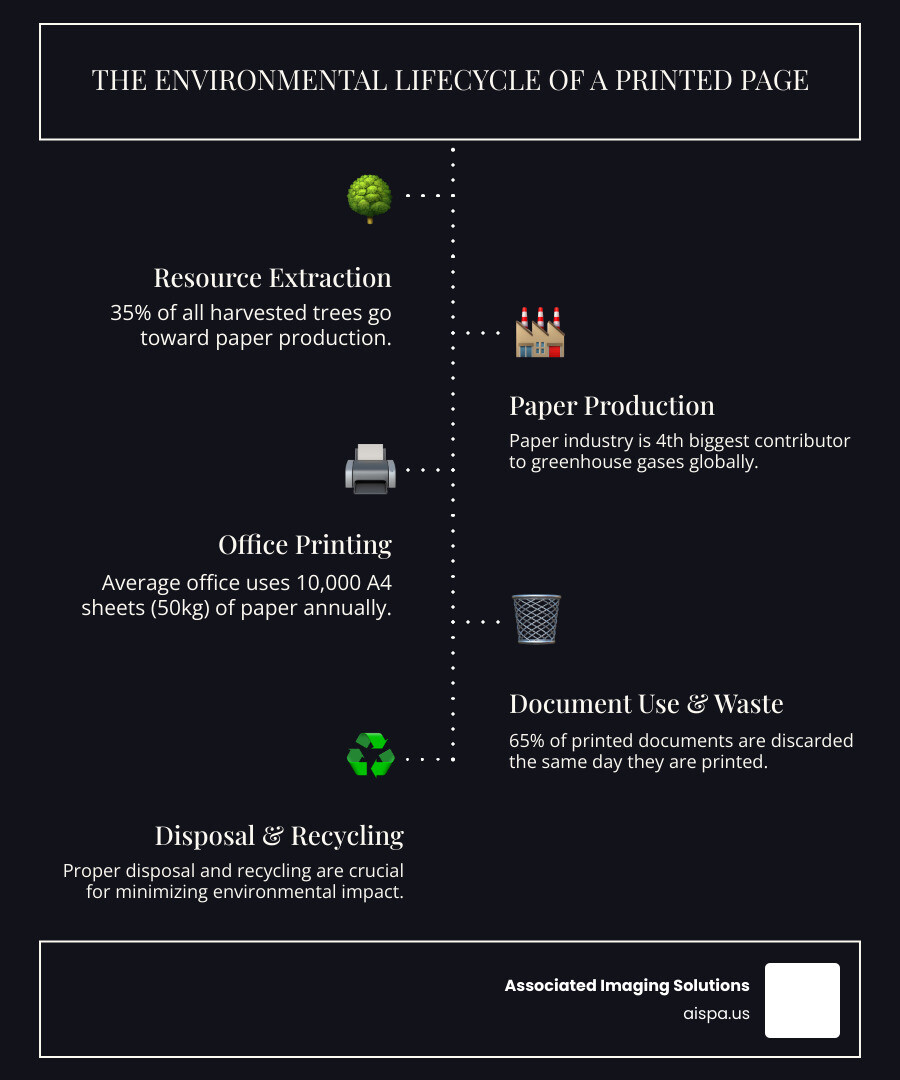Comprehensive infographic showing the environmental lifecycle of a printed page, from forest harvesting and paper mill production through office printing, document use, and final disposal or recycling, with carbon footprint and resource consumption metrics at each stage - eco friendly printing solutions infographic infographic-line-5-steps-dark