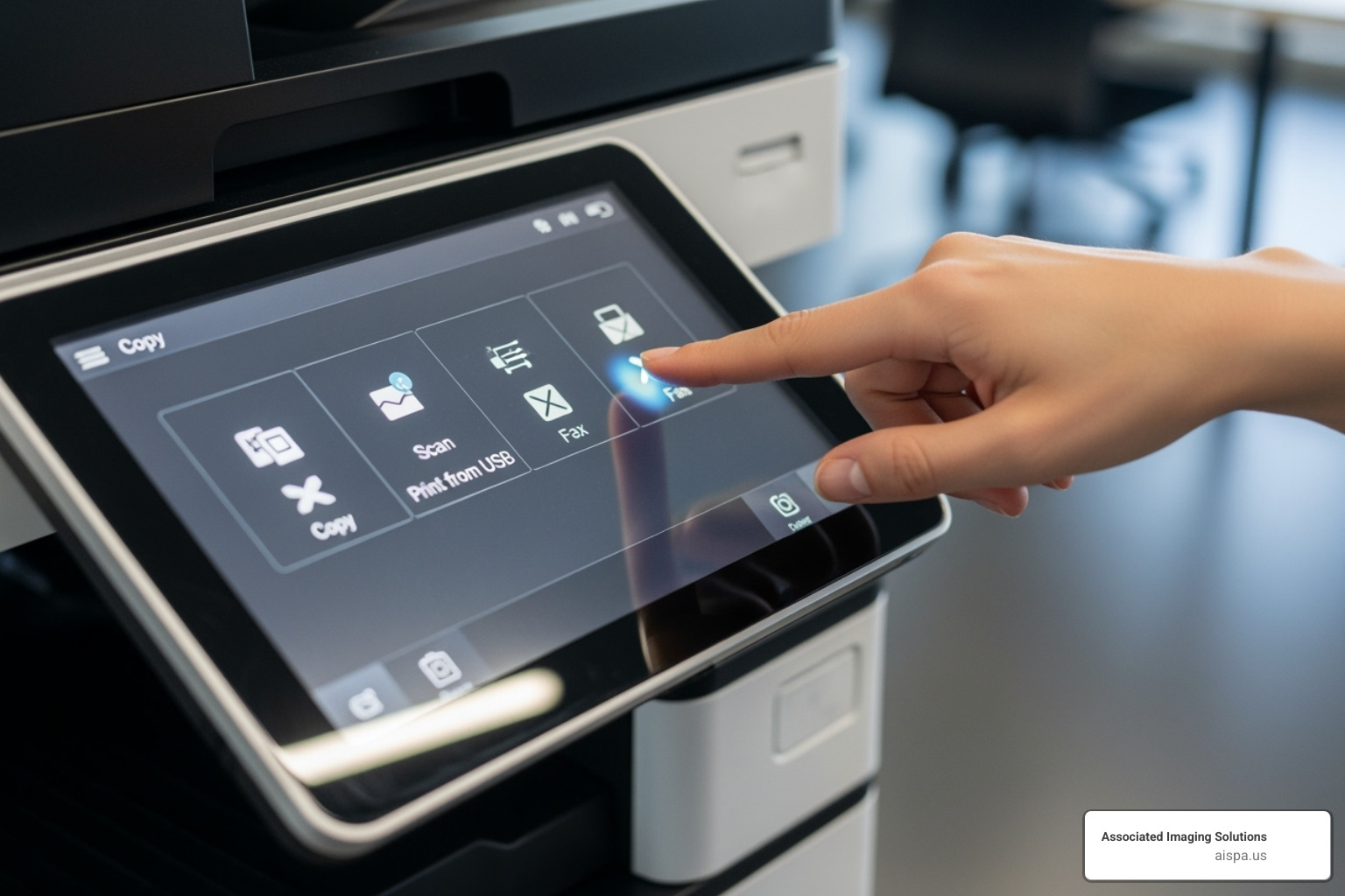 Person selecting options on a large, modern printer touchscreen - copiers and printers