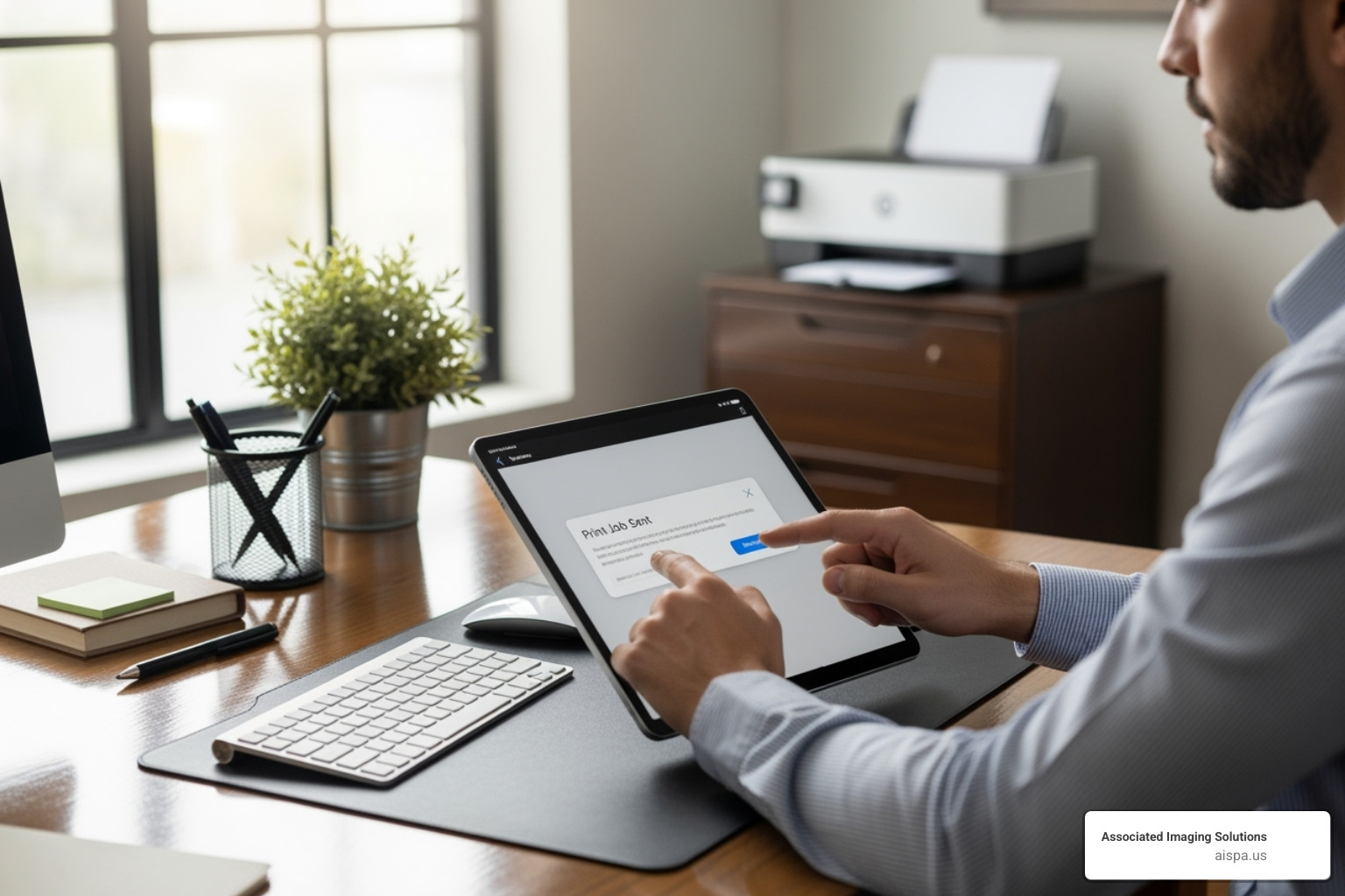 Person using a tablet to send a print job to a wireless printer - copiers and printers