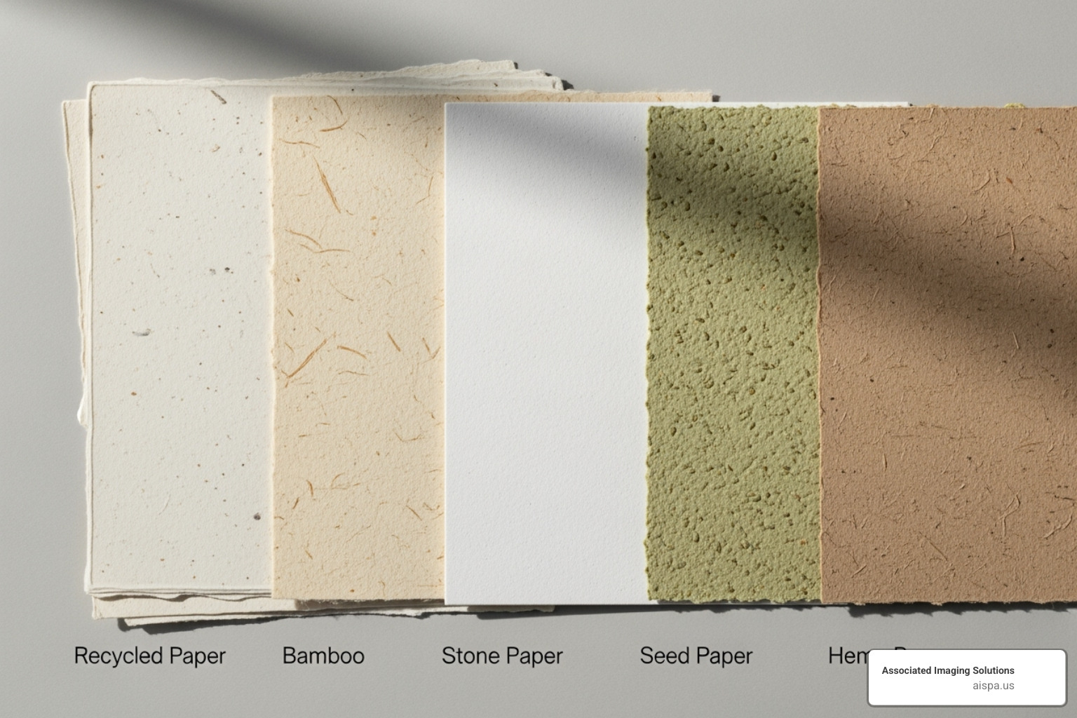 various eco-friendly paper types like recycled, bamboo, and stone paper side-by-side - eco friendly printing solutions