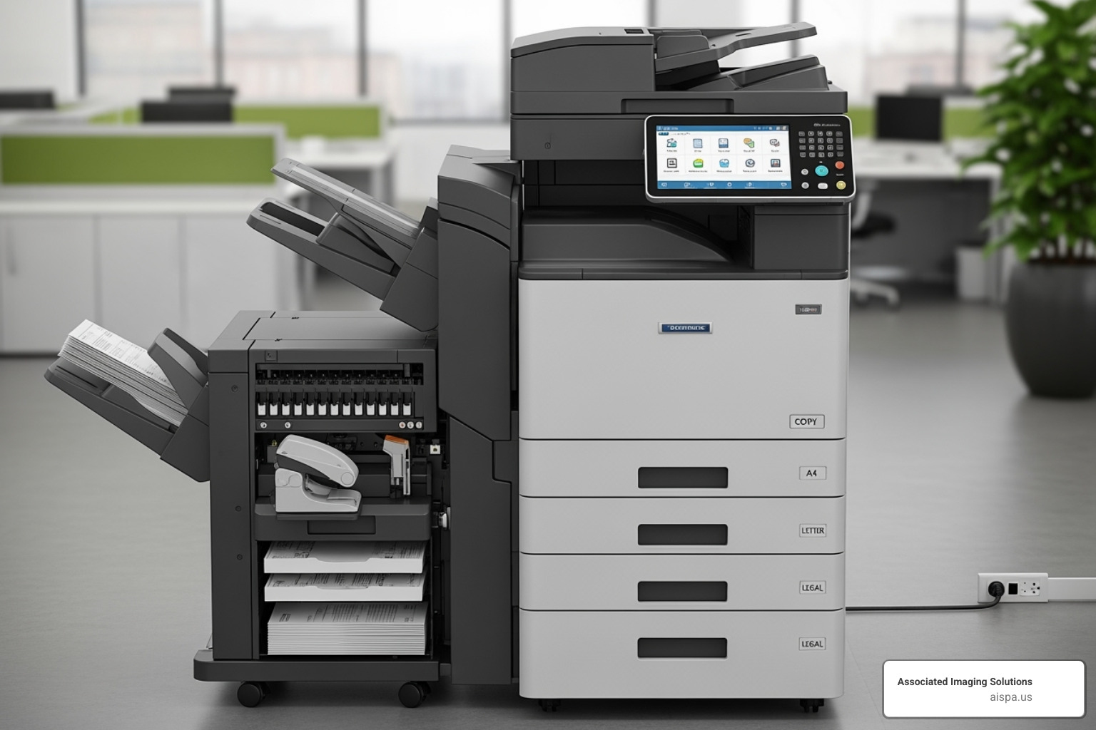 Multifunction printer with multiple paper trays and a finisher attachment - copiers and printers
