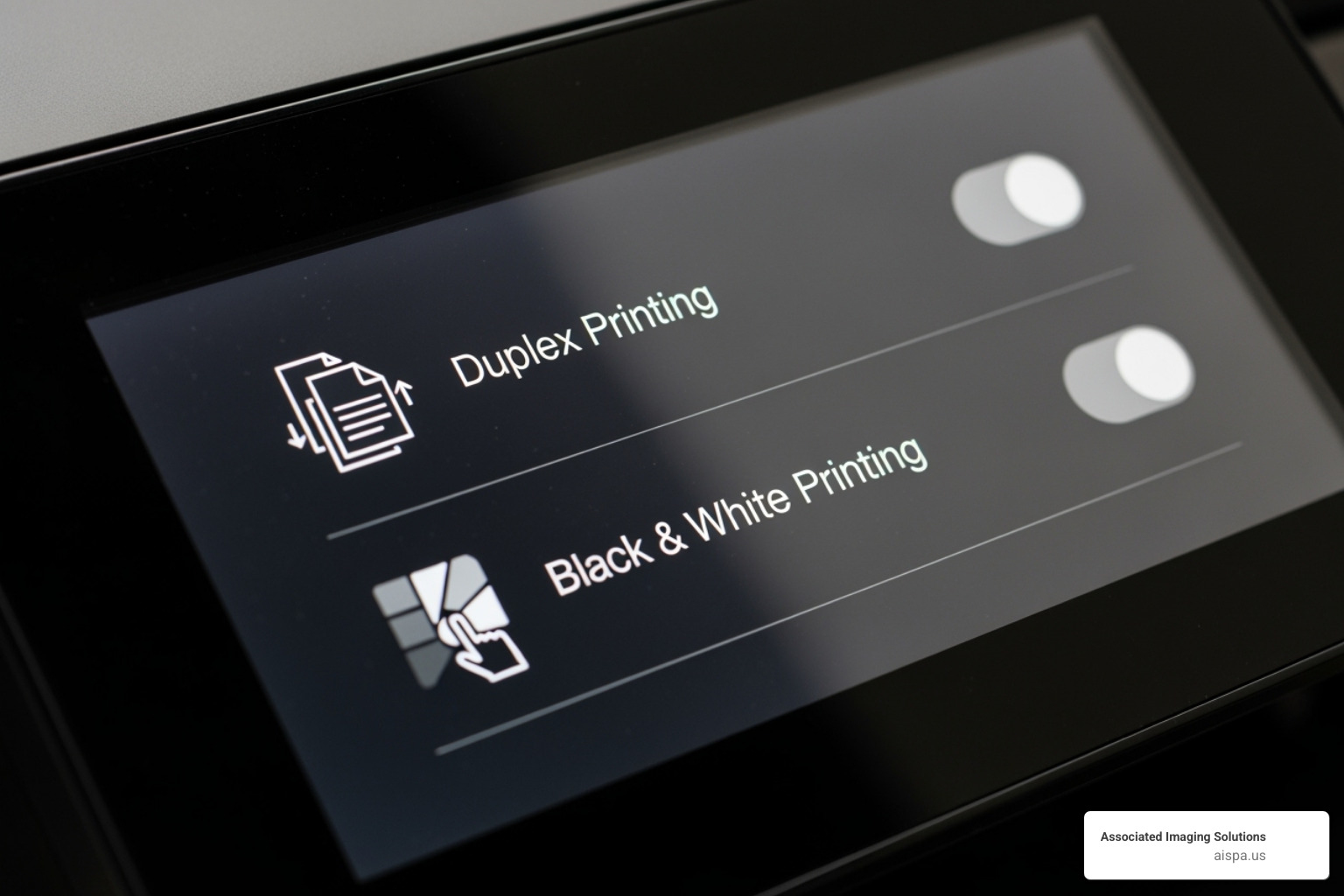 printer's touchscreen displaying duplex and black-and-white print options - eco friendly printing solutions