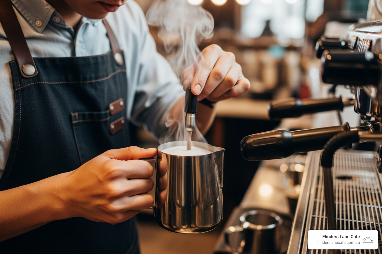 A barista expertly steaming milk, creating perfect microfoam for espresso beverages - cortado vs macchiato