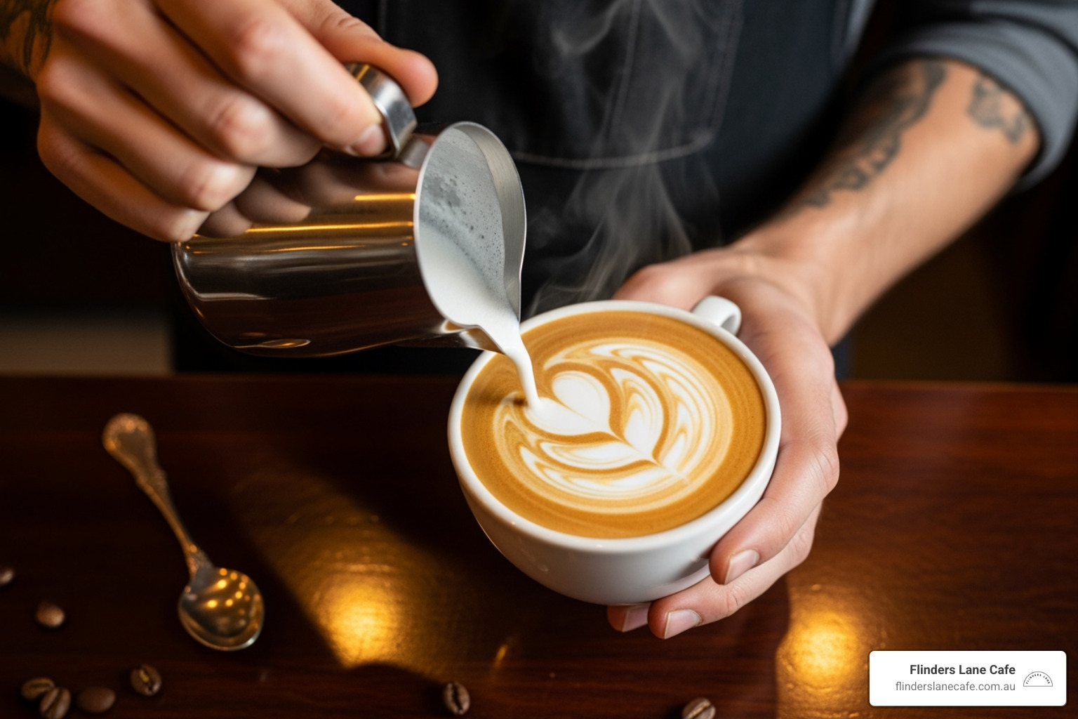 A skilled barista pouring intricate latte art onto a Flat White, showcasing the quality and craftsmanship of the coffee - Best cafe Maroochydore