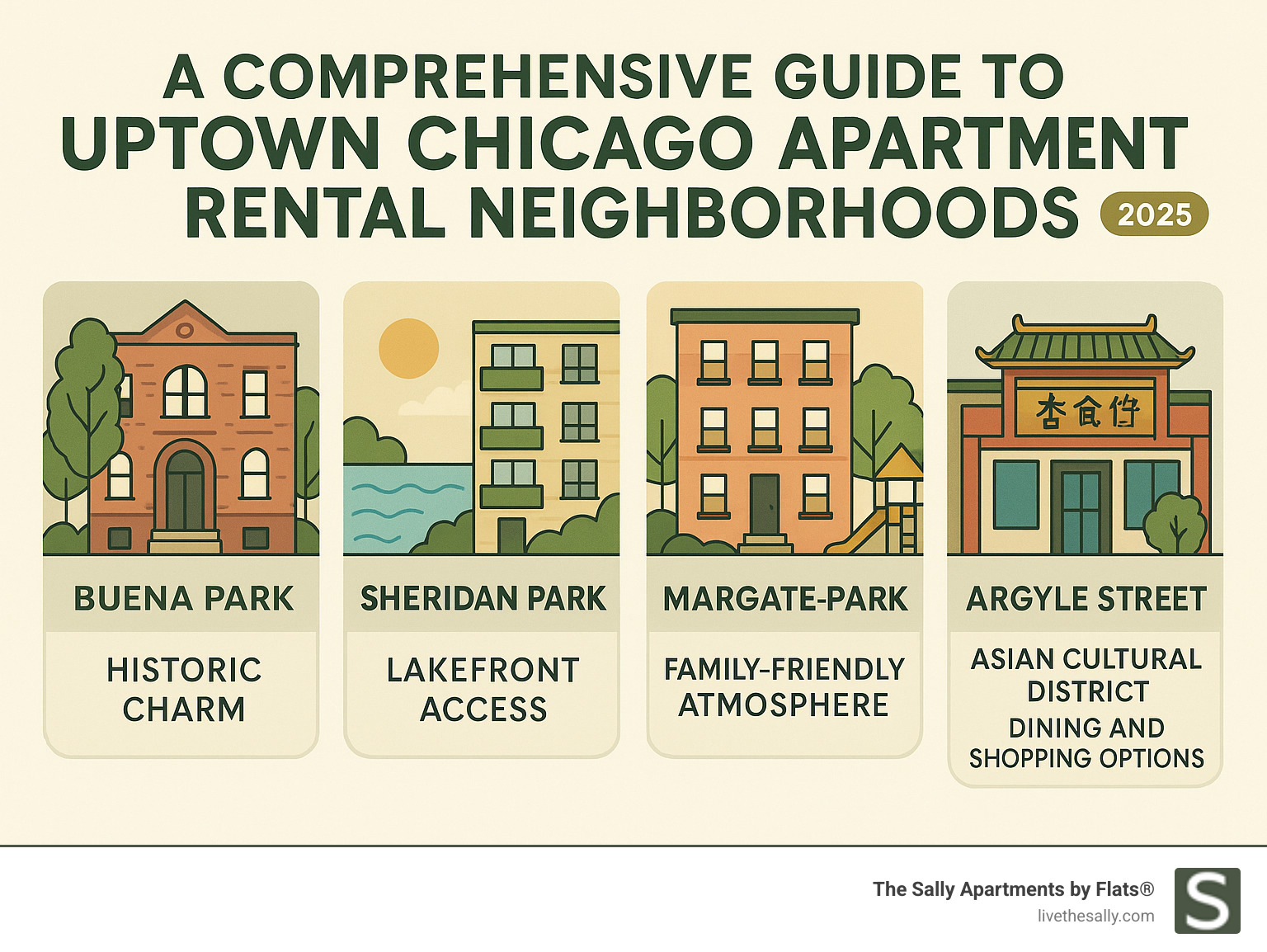 Comprehensive guide to Uptown Chicago apartment rental neighborhoods showing Buena Park historic charm, Sheridan Park lakefront access, Margate Park family-friendly atmosphere, and Argyle Street Asian cultural district with dining and shopping options - uptown chicago apartment rentals infographic Comprehensive guide to Uptown Chicago apartment rental neighborhoods showing Buena Park historic charm, Sheridan Park lakefront access, Margate Park family-friendly atmosphere, and Argyle Street Asian cultural district with dining and shopping options - uptown chicago apartment rentals infographic