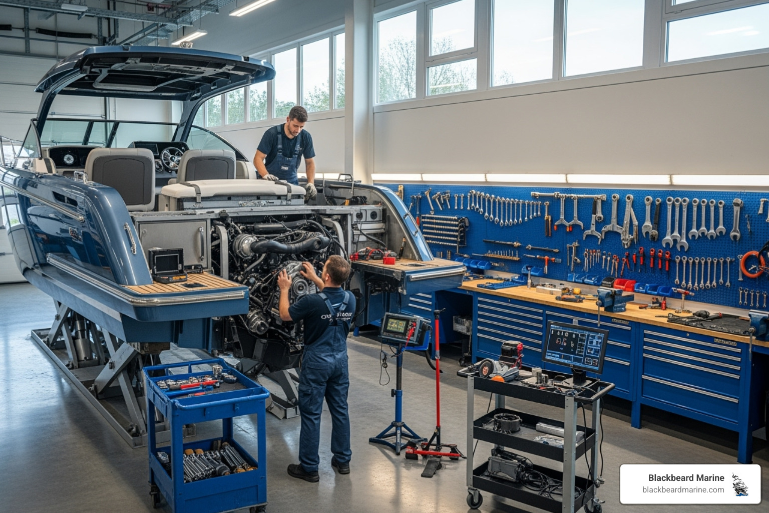 Boat being serviced in a professional workshop - yamaha boat dealer missouri