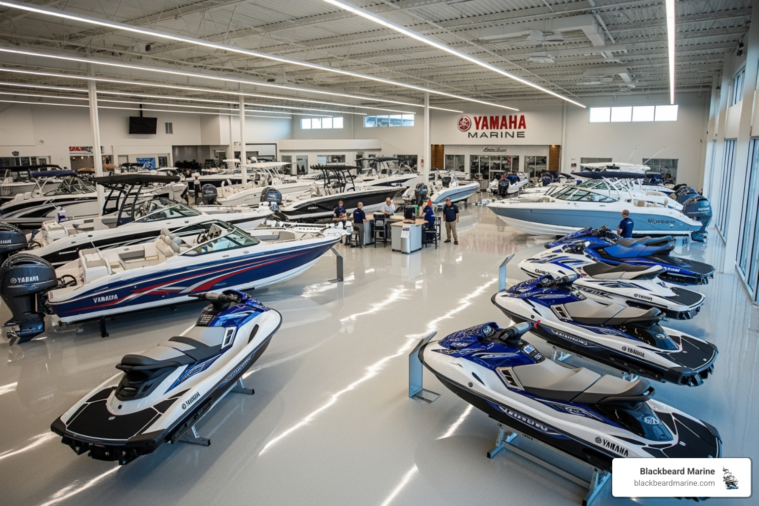 Showroom floor featuring various Yamaha boats and WaveRunners from Blackbeard Marine's inventory - yamaha boat dealer missouri