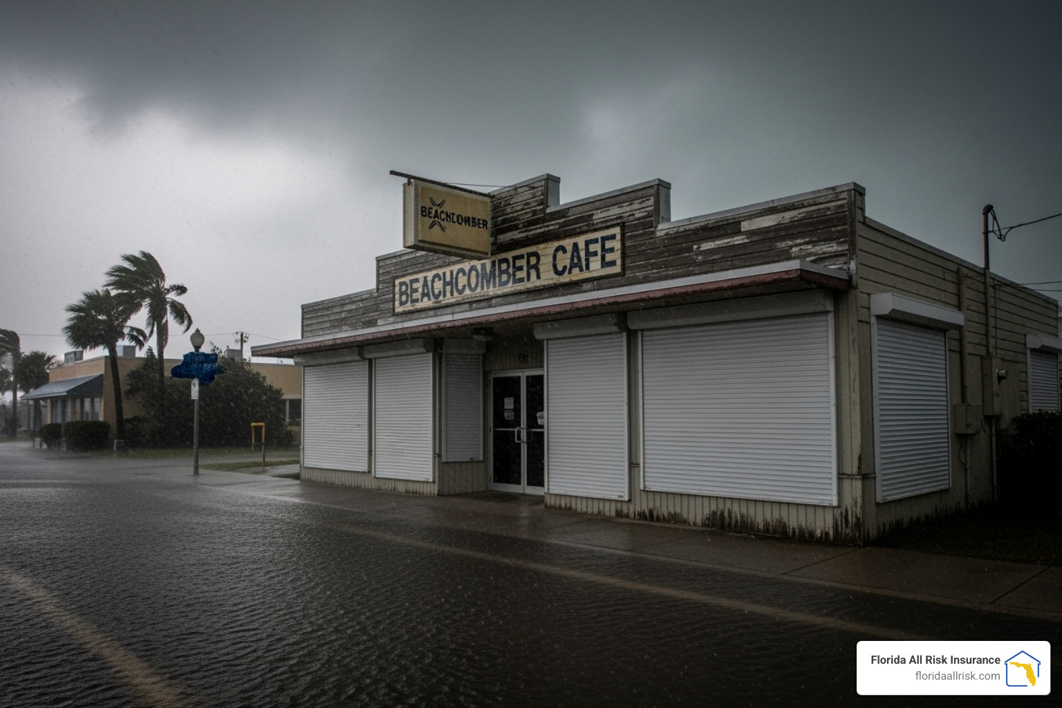 Coastal business with storm shutters deployed in St. Petersburg - business insurance St. Petersburg Coastal business with storm shutters deployed in St. Petersburg - business insurance St. Petersburg