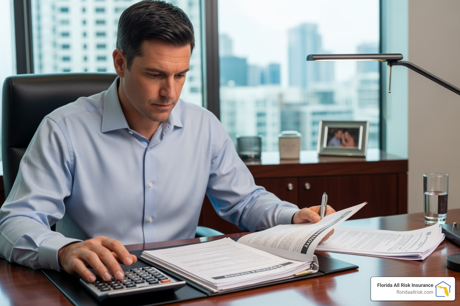 Business owner reviewing an insurance policy with a calculator - business insurance St. Petersburg Business owner reviewing an insurance policy with a calculator - business insurance St. Petersburg