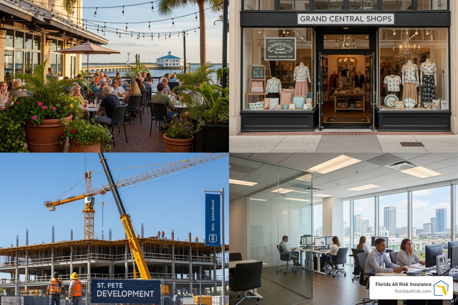 Collage of local St. Petersburg business types: restaurant patio, retail shop, construction site, and office - business insurance St. Petersburg Collage of local St. Petersburg business types: restaurant patio, retail shop, construction site, and office - business insurance St. Petersburg