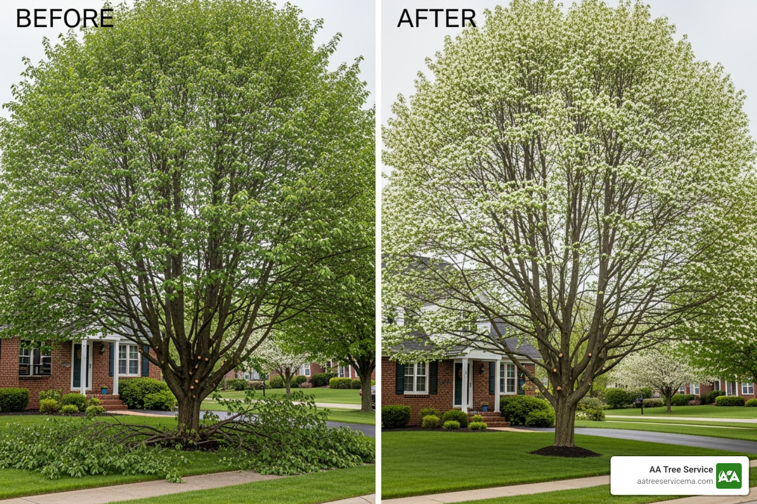 before-and-after of a pruned Dogwood tree - ornamental tree pruning near me