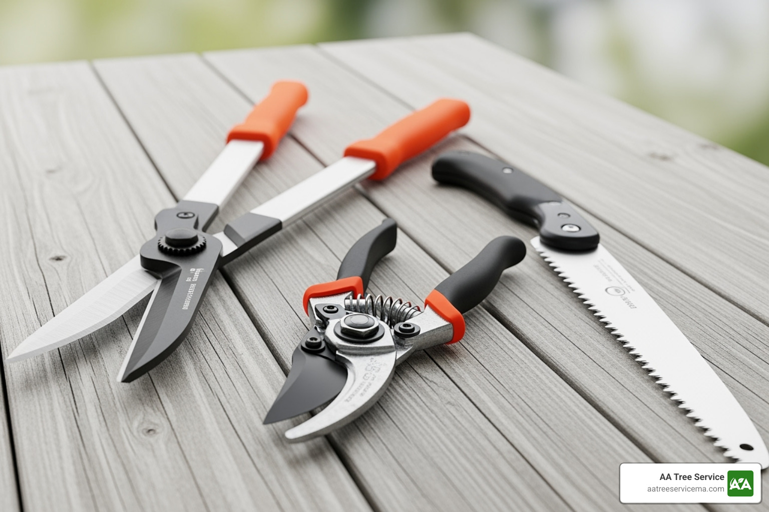 proper pruning tools like hand pruners, loppers, and a hand saw laid out - ornamental tree pruning near me