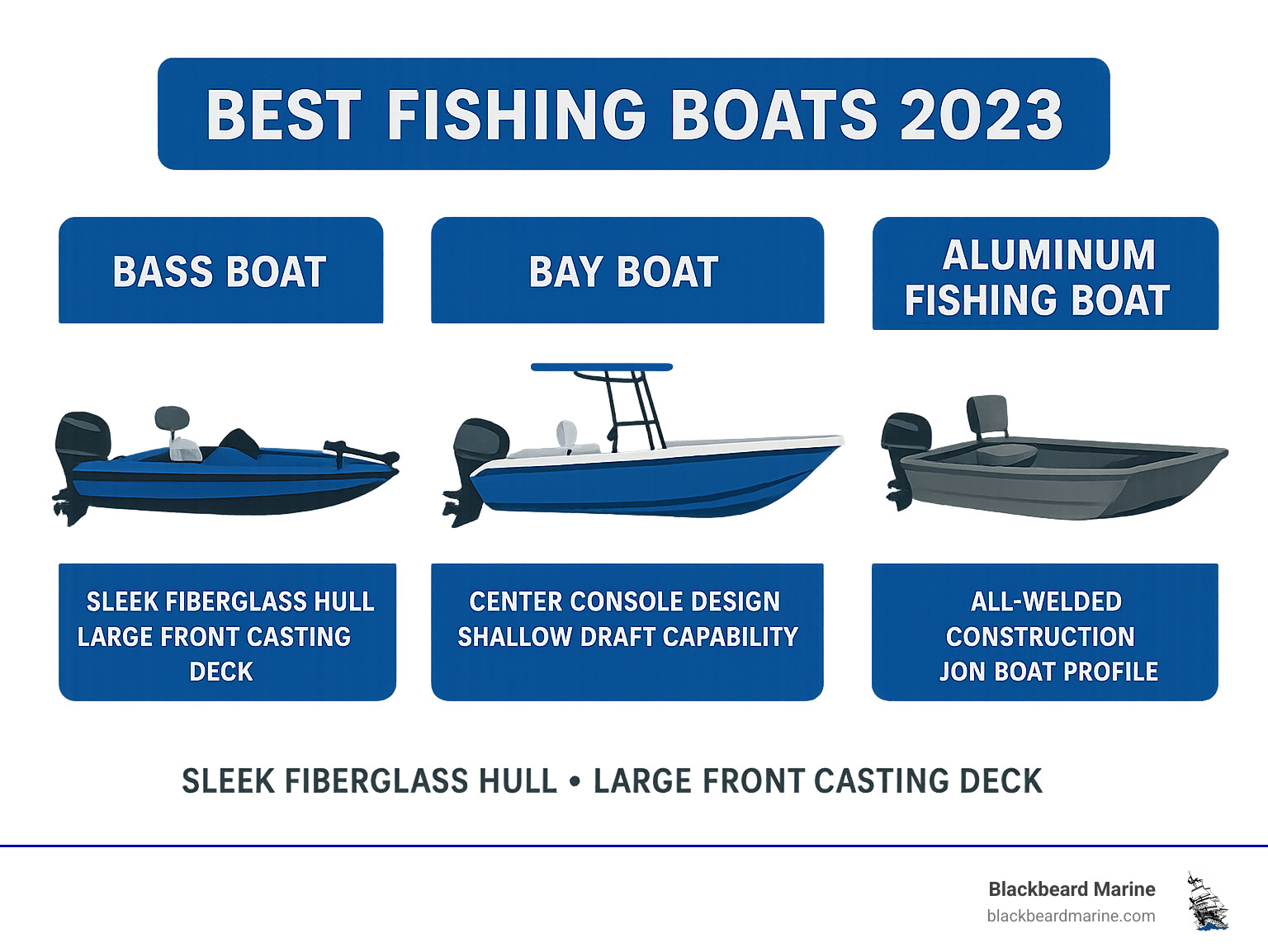 Infographic showing three main fishing boat types: Bass Boats with sleek fiberglass hulls and large front casting decks for tournament fishing, Bay Boats with center console design and shallow draft capability for versatile fishing, and Aluminum Fishing Boats with all-welded construction and jon boat profiles for durability and affordability - Best fishing boats 2025 infographic 