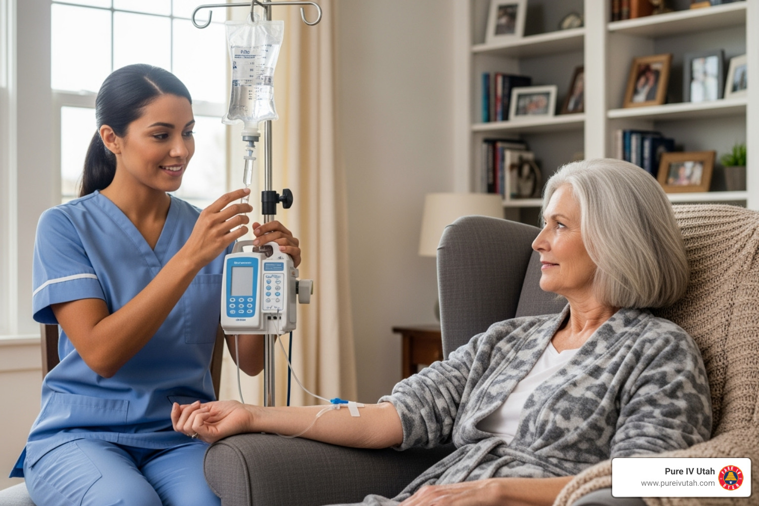 registered nurse professionally administering an IV drip in a home setting - hangover iv drip package tx