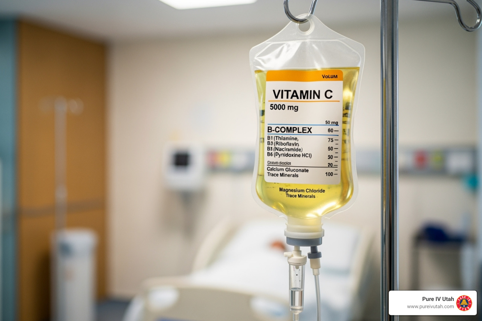 labeled IV bag showing key ingredients like Vitamin C and B-Complex - hangover iv drip package tx