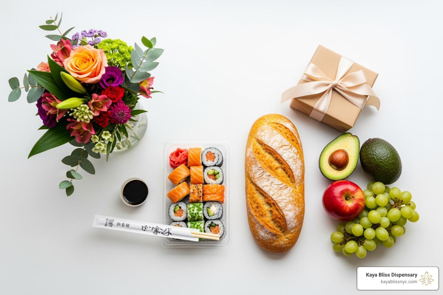 A neatly arranged collection of items available for delivery: groceries, a bouquet of flowers, a gift box, and a take-out food container - same day delivery brooklyn