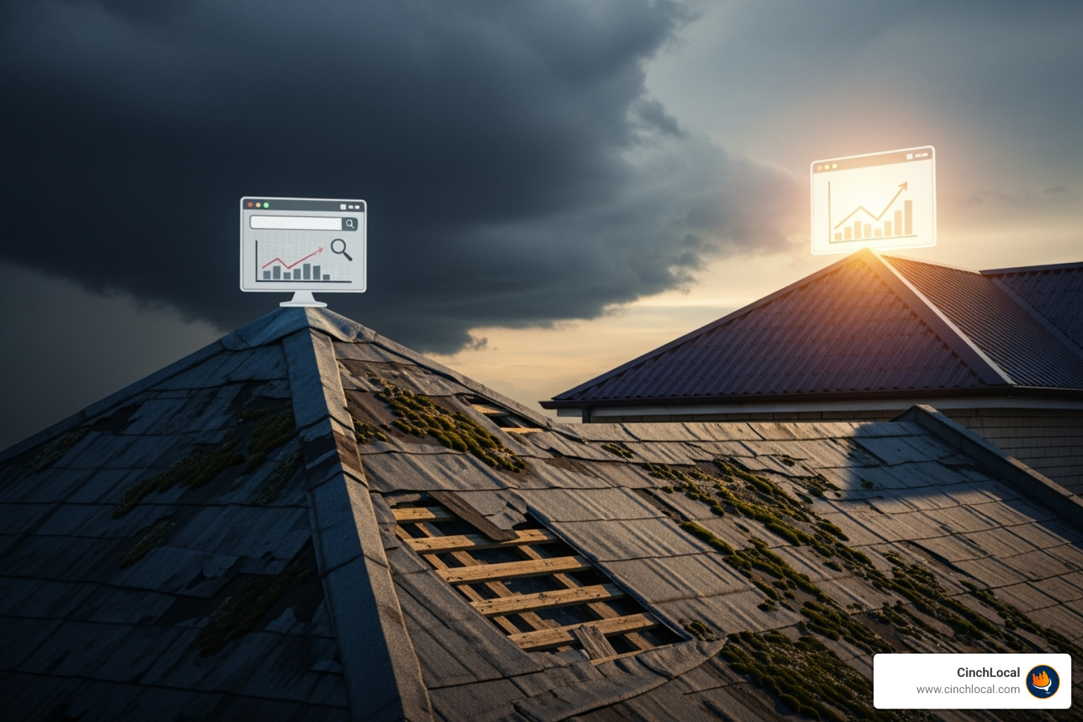 A split-screen image showing a fast, mobile-responsive website on one side and a slow, broken-looking mobile site on the other, with colors #002f52 and #ff7e29 - why is my roofing website not ranking well