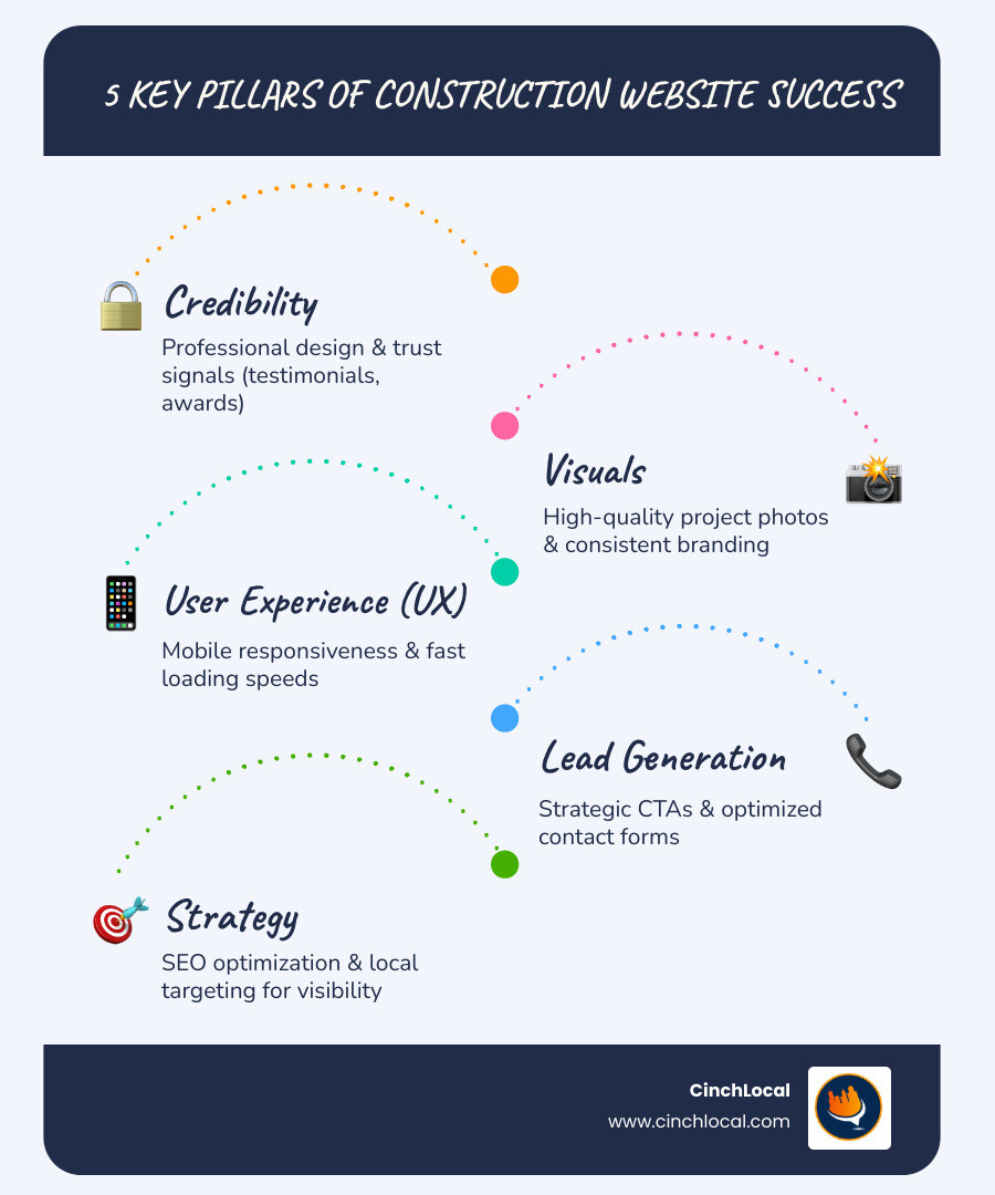 Infographic showing the 5 key pillars of successful construction website design