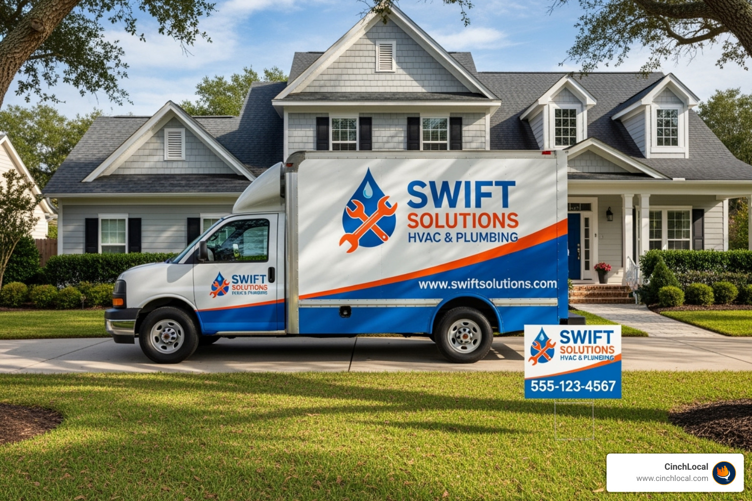 professionally wrapped company truck and a yard sign in front of a house - roofing company marketing ideas