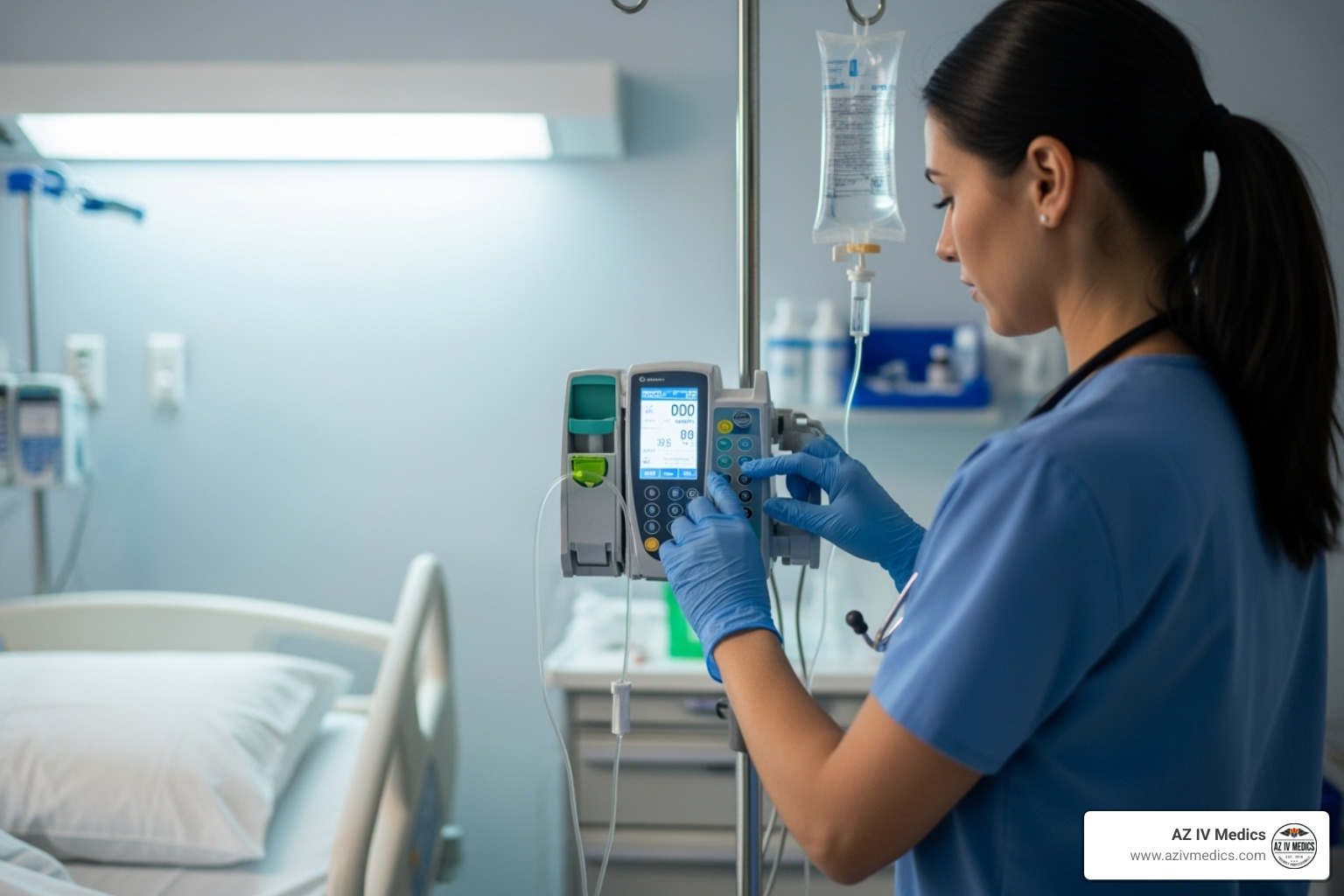 of a registered nurse adjusting an IV infusion pump - banana bag infusion rate