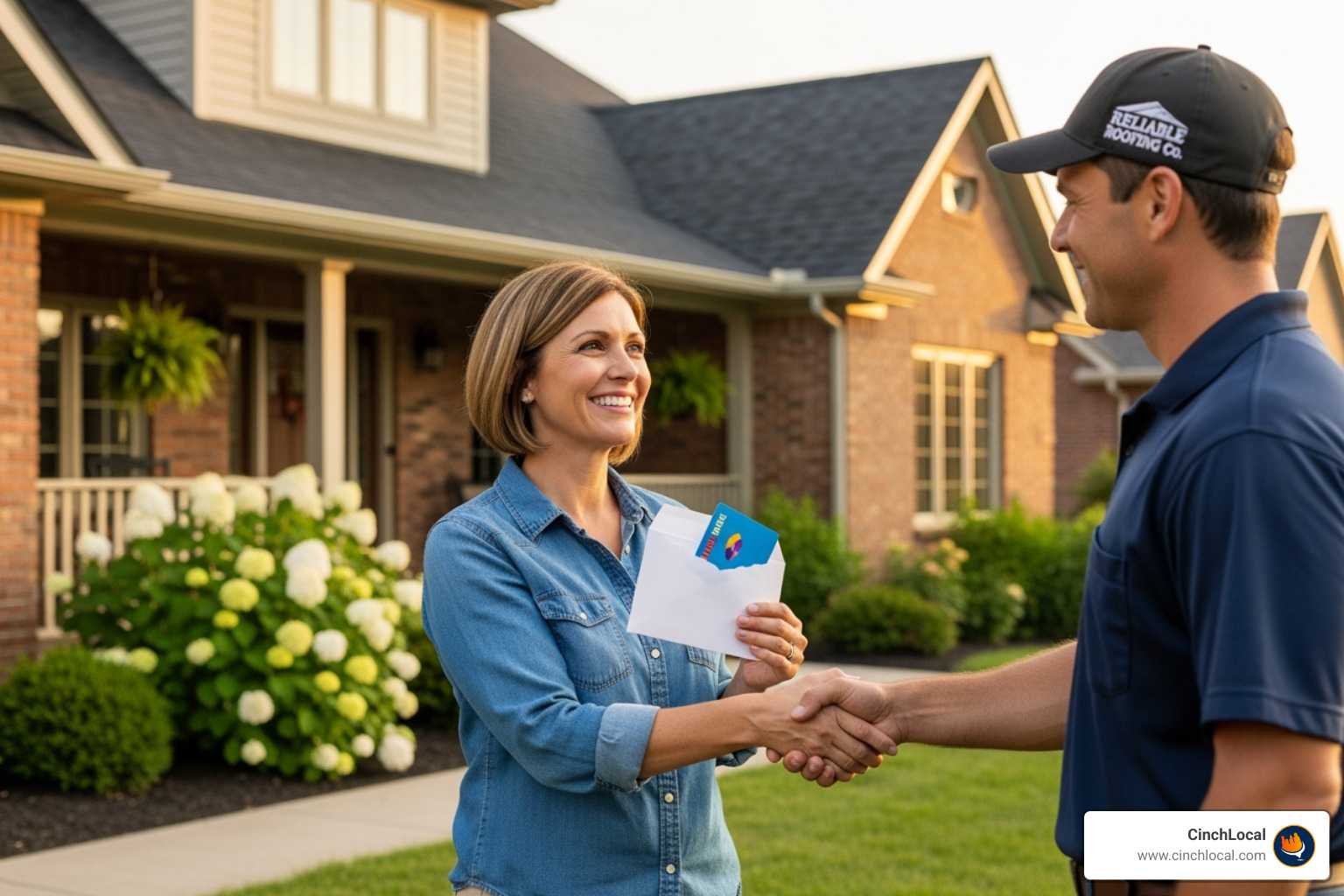 homeowner happily receiving a referral bonus gift card from a roofer - roofing company marketing ideas
