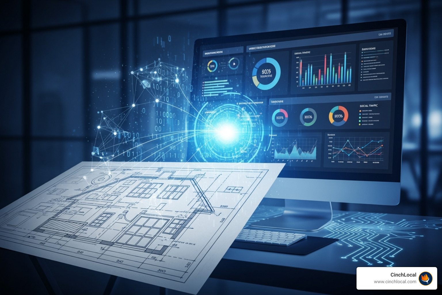 a blueprint for a house that morphs into a digital marketing plan on a screen. - contractor seo agency