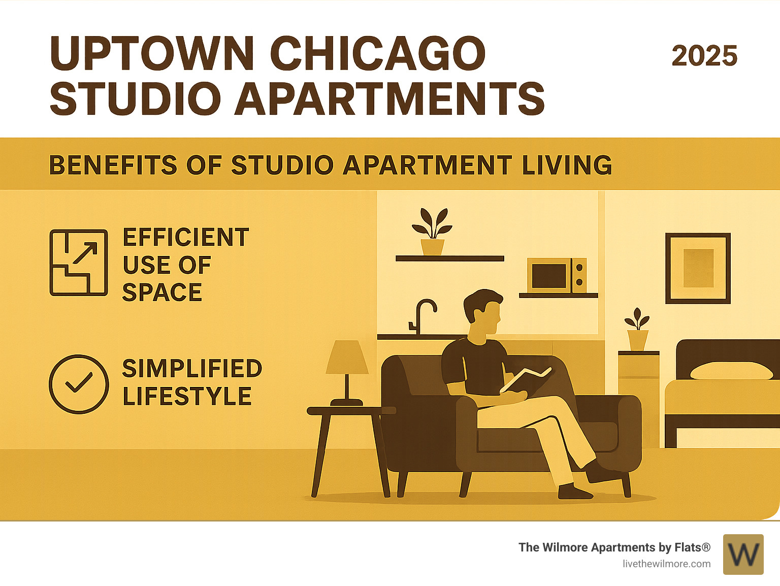 Infographic explaining the benefits of studio apartment living, such as efficient use of space and simplified lifestyle - Uptown Chicago studio apartments infographic 