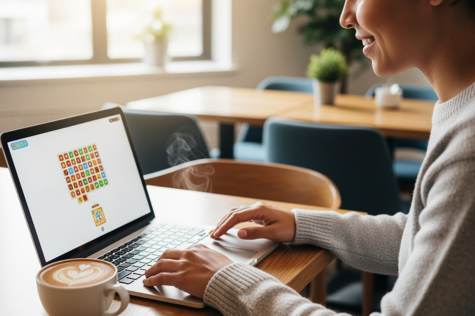 person smiling while playing a simple game on their laptop during a coffee break - google block breaker