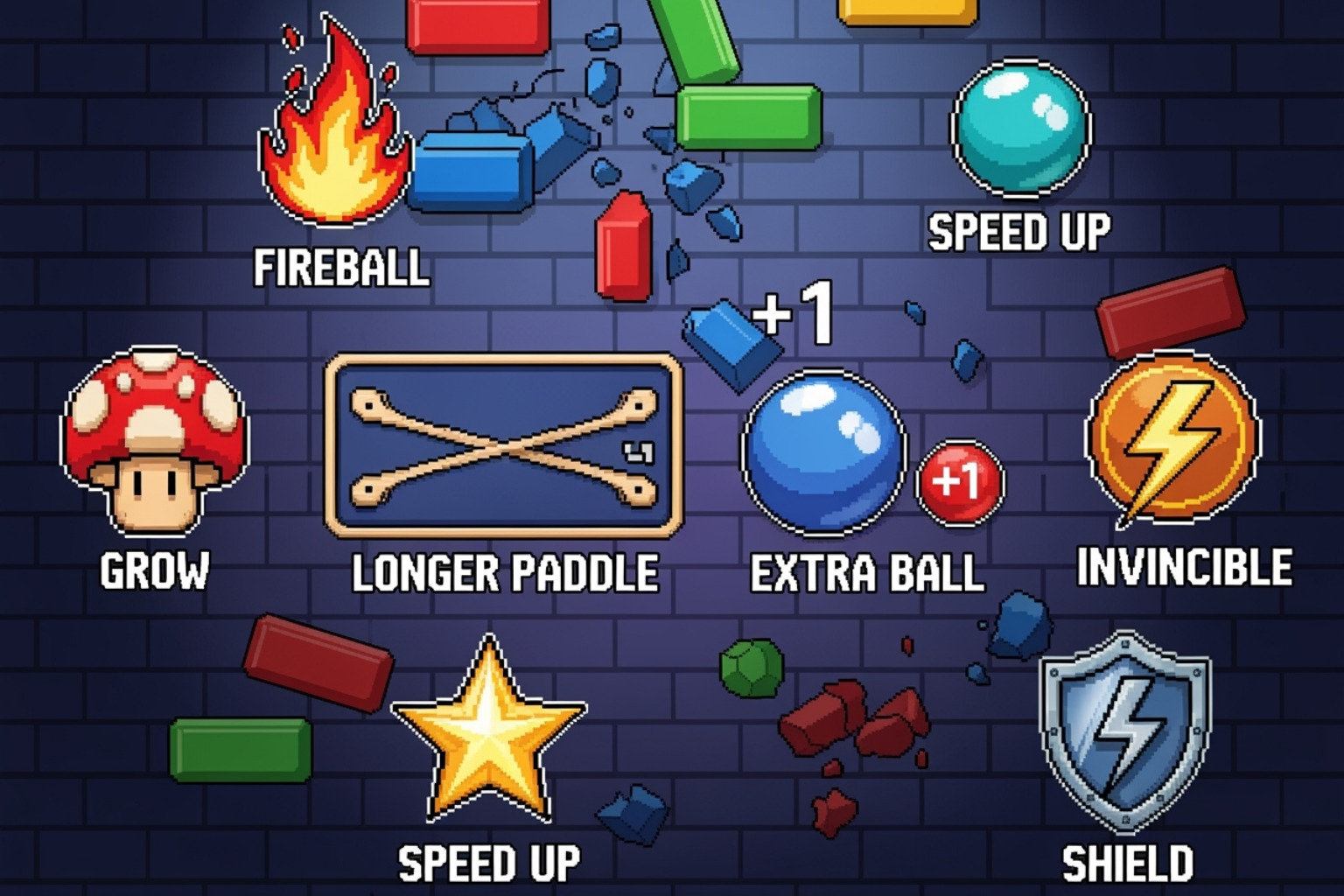 Various power-ups like the longer paddle and extra ball - block breaker google