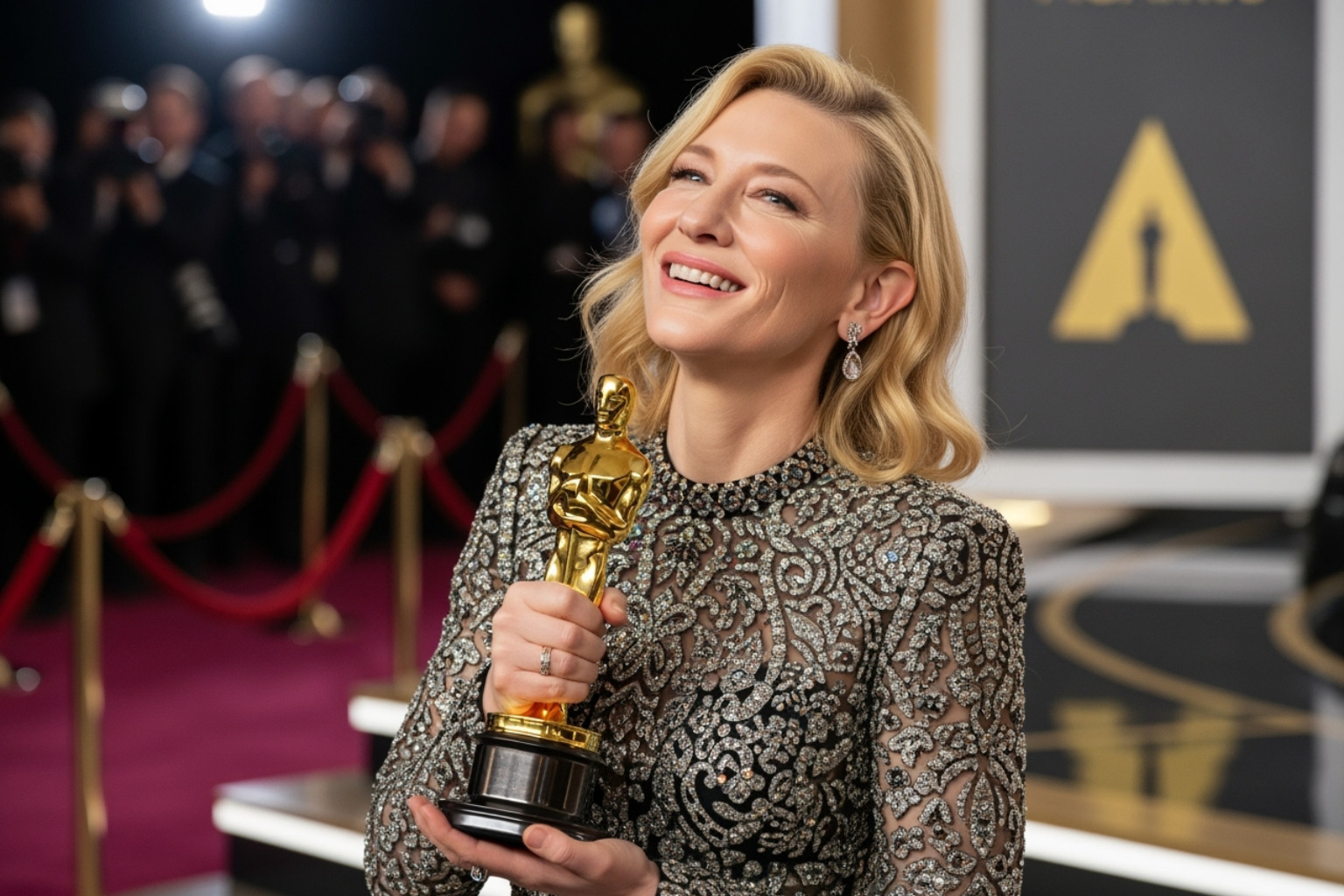 Cate Blanchett holding her Best Actress Oscar for Blue Jasmine, a symbol of her critical acclaim and character immersion - cate blanchett movies