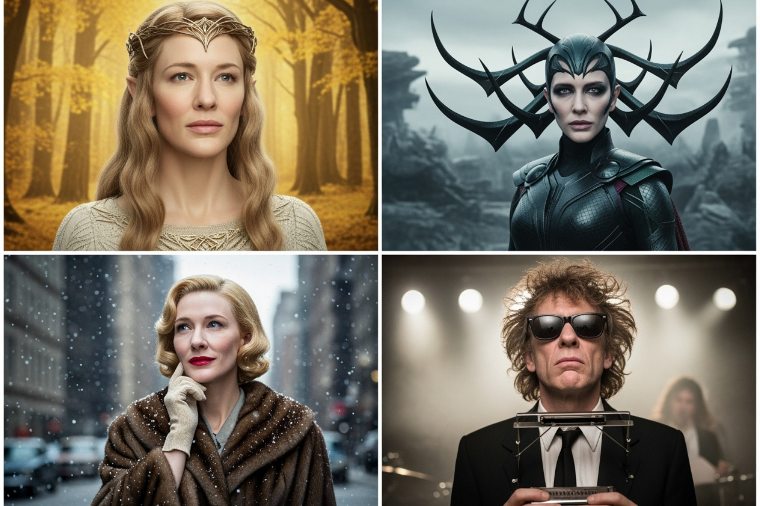 A collage of Cate Blanchett in four distinct roles: Galadriel in The Lord of the Rings, Hela in Thor: Ragnarok, Carol Aird in Carol, and Jude Quinn in I'm Not There, showcasing her incredible range and genre-hopping ability - cate blanchett movies
