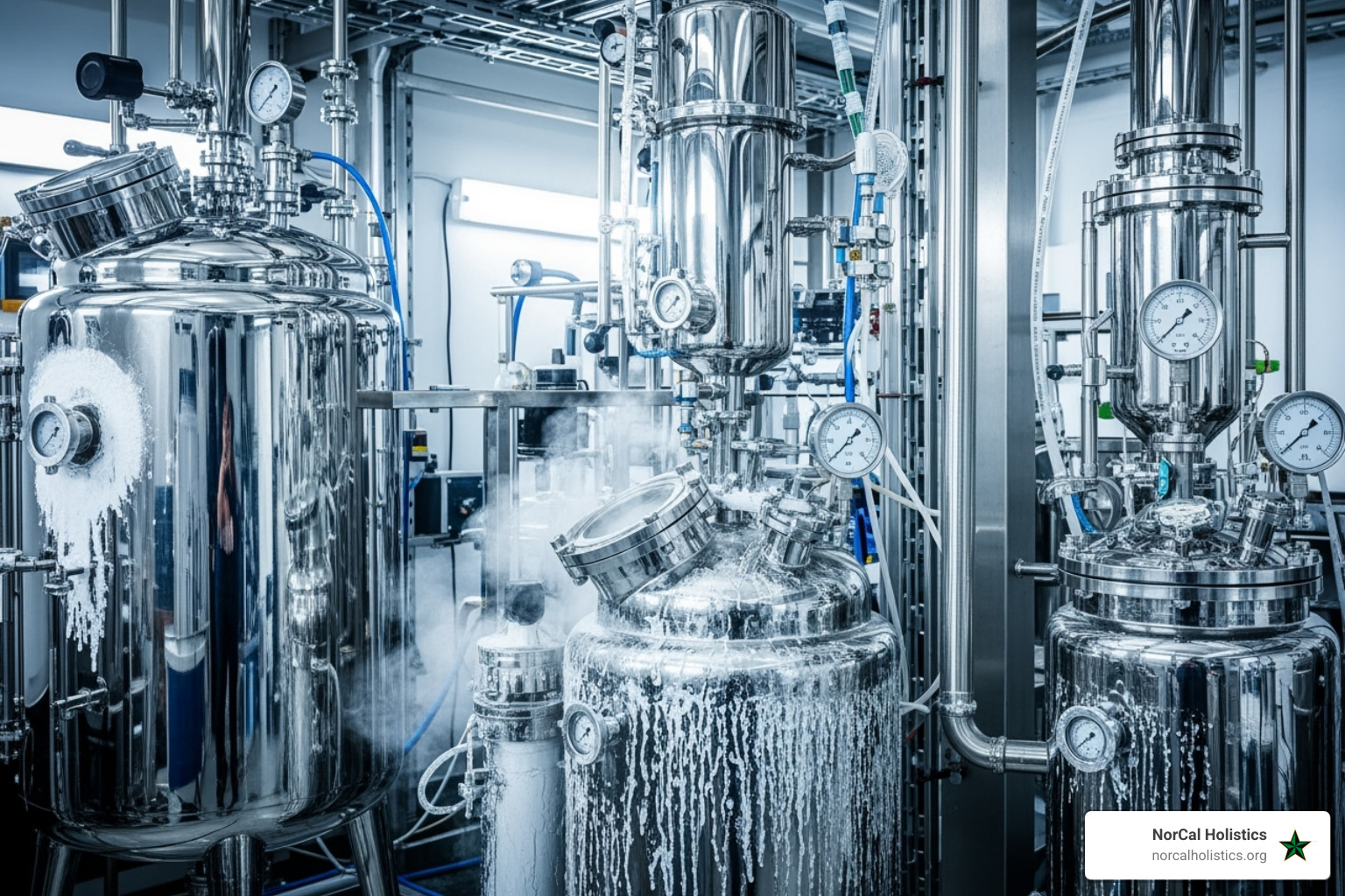 A scientific-looking extraction lab setup with gleaming stainless steel equipment and a frosty atmosphere, emphasizing precision and cold temperatures - cold fire extracts strain info