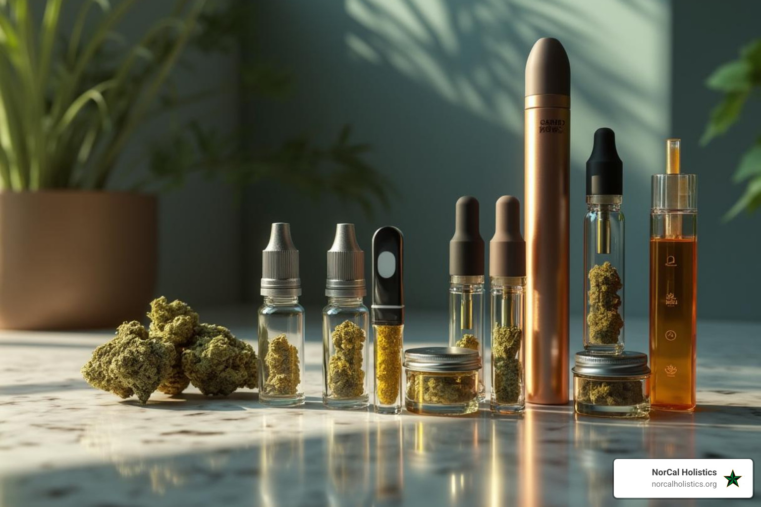 A visual representation of different types of Cold Fire products available, featuring various vape cartridges, cured resin jars, and sleek disposable pens - cold fire extracts strain info