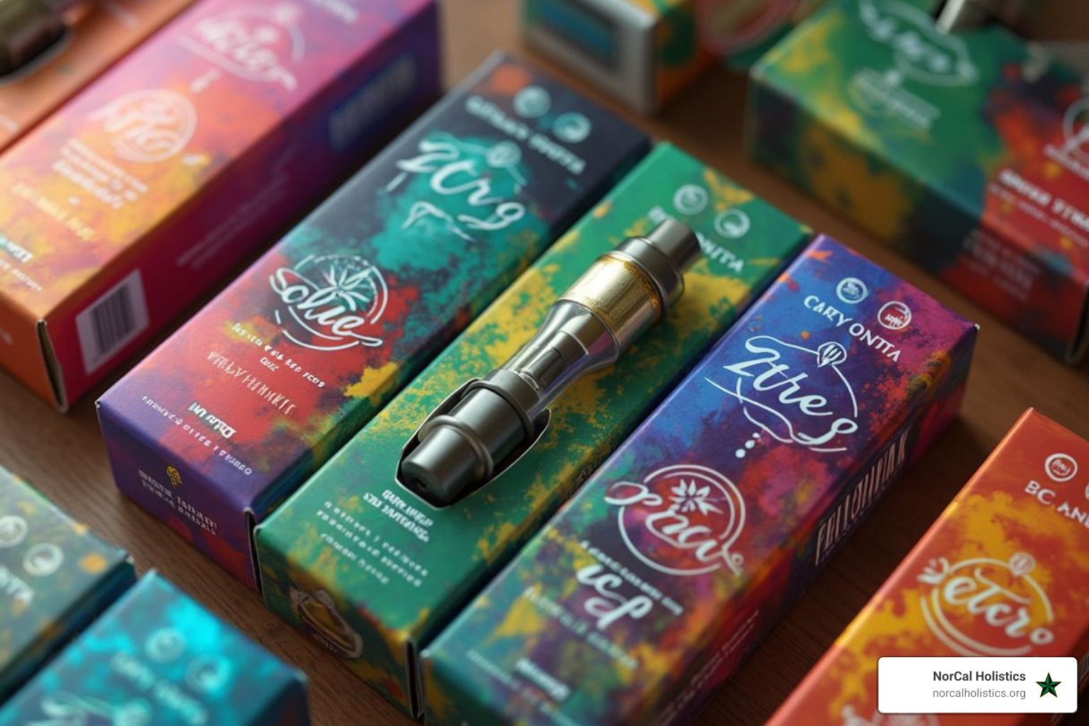A vibrant image showcasing several different Cold Fire cartridge boxes, each featuring unique and artistic strain-specific designs, hinting at the diverse flavors within - cold fire extracts strain info