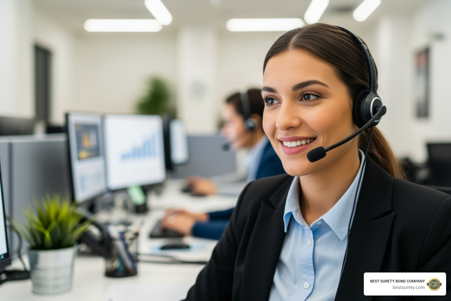 friendly agent on the phone with a headset - how much do surety bonds cost in texas