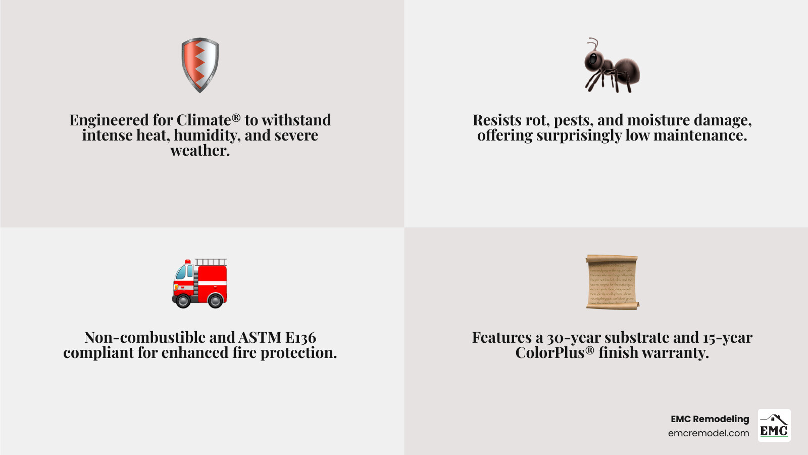 Infographic showing James Hardie fiber cement siding benefits compared to wood and vinyl siding, including durability ratings, maintenance requirements, fire resistance, and warranty coverage - green hardie board siding infographic 4_facts_emoji_grey