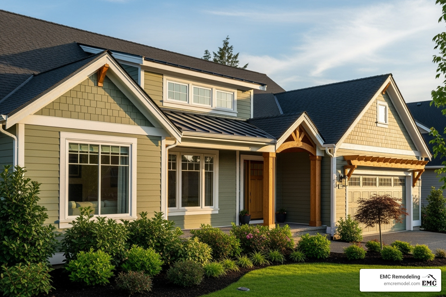 Home exterior color palette featuring Mountain Sage with complementary trim, accent, and roof colors - green hardie board siding